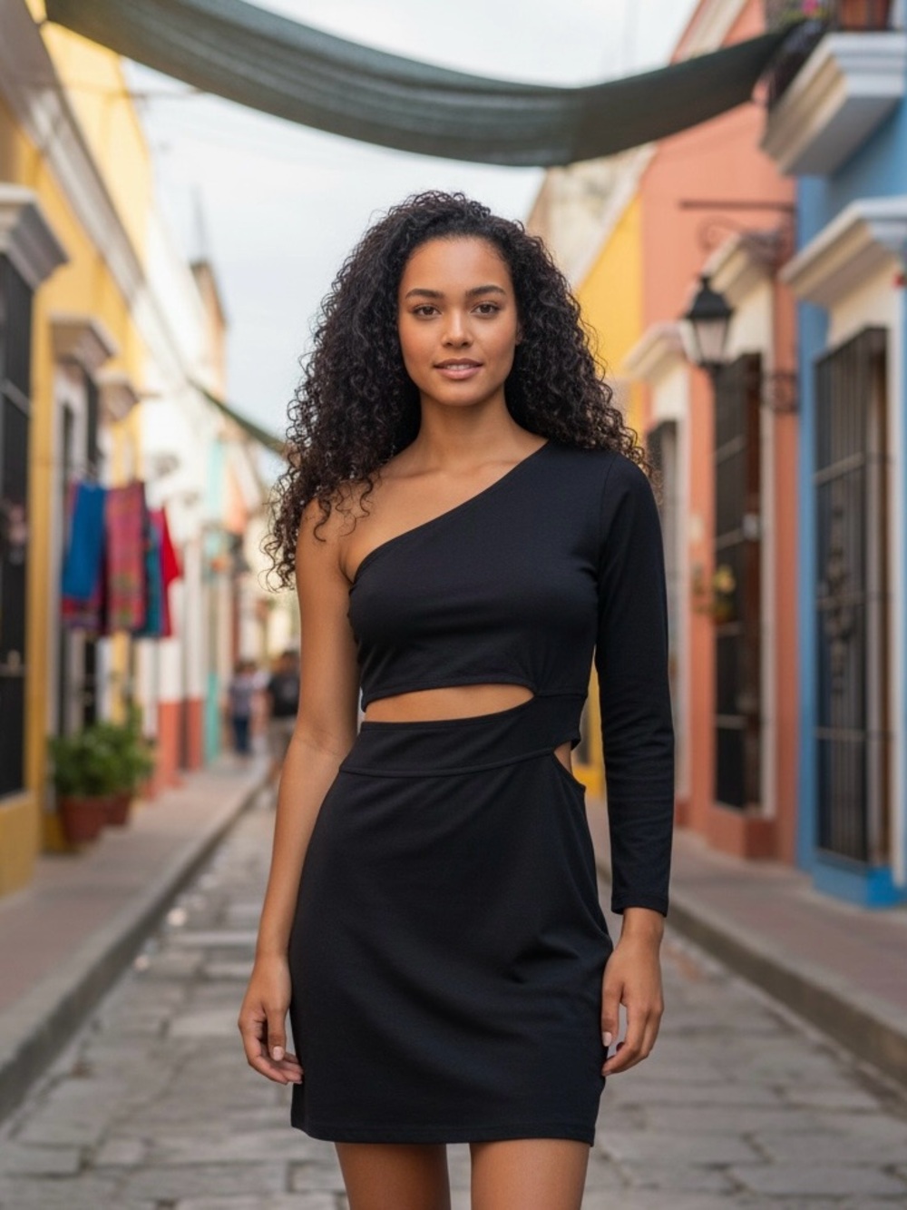 SUPRE Black One Shoulder Cutout Bodycon Mini Dress Long Sleeve Medium